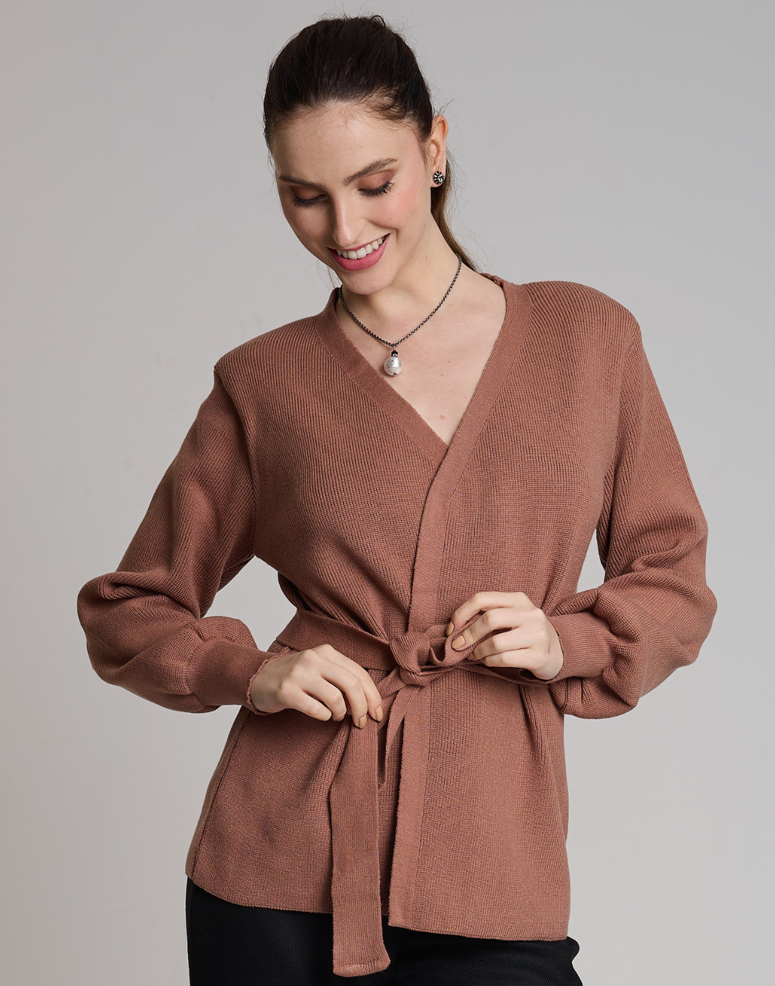 Casaco de Tricot com Faixa Softline Bege Aurora
